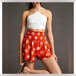 Anthropologie Silky Smocked 100% Viscose Shorts Red Small